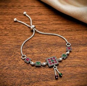 Silver Oxidized Bracelet with Red &amp; Green Stones