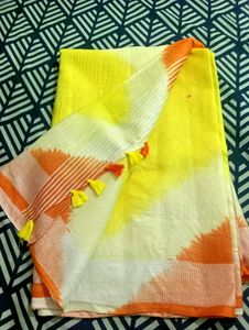 Vibrant Yellow &amp; Orange Saree with running blouse