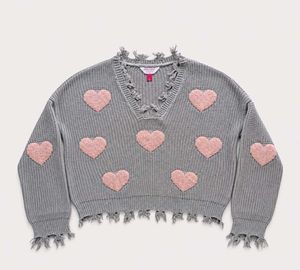 SWEATER WITH PINK HEART PATCHES &amp; DISTRESSED