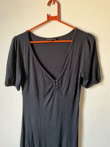 Chic V-Neck Button Detail Black Dress