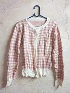 Cute Pink Gingham Cardigan Sweater