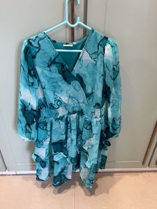 Blue Abstract Print Ruffle Dress