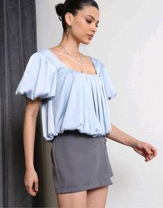 Shein square neck Chic Blue Puff Sleeve Top