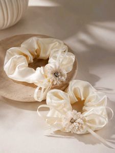 Elegant Cream Satin Scrunchie Set 2  pis