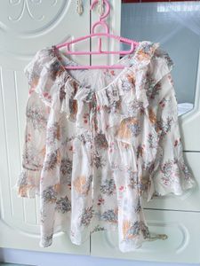 White Floral Ruffle Blouse