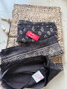 Unused Beige &amp; Black Saree