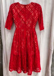 7238. Red Lace Fit and Flare Dress