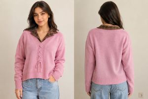 Pink Lace-Up Knit Sweater with Plaid Collar