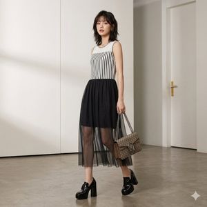 Chic Striped Tulle Midi Dress