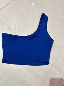 Blue One-Shoulder Ribbed Crop Top