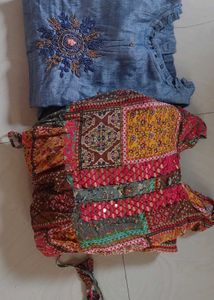 Embroidered Blue Kurta with Patchwork Skirt