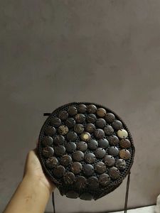 Unique Round Woven Bag with Coconut Shells
