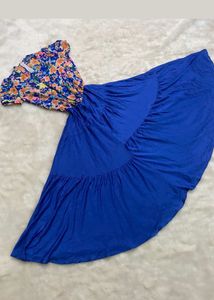Vibrant Floral & Blue Tiered Maxi Dress