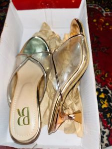 Stylish Gold &amp; Clear Wedge Heels new unused