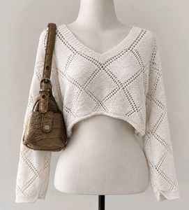 Cream Cropped Knit Sweater