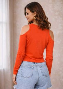 Orange Cold Shoulder Long Sleeve Top || celebritie