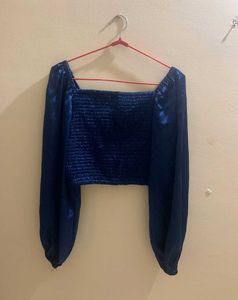 Blue satin Square Neck Crop Top