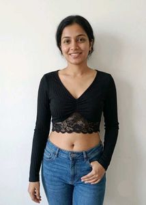 Chic Black Lace Trim Crop Top Fixed Price