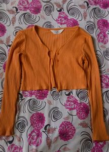 Orange Ribbed Cropped Cardigan