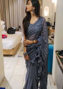 Elegant Grey Ruffled Saree