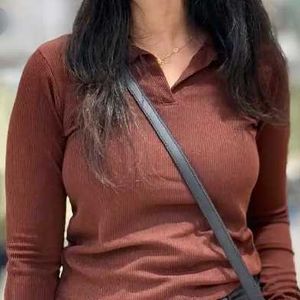 Chic Brown Ribbed Collared Top
