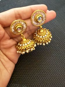 Gold Jhumka Earrings with Pearls
