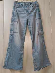 American Eagle Light Wash Wide Leg Cargo Jeans