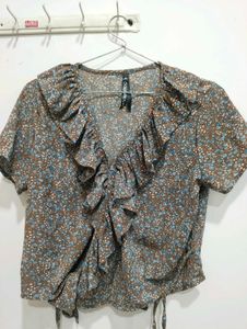 brown colour wrap top with ruffle neck for women