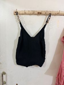 Black Ribbed Tank Top with Chain Straps