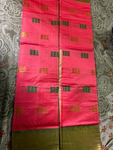 Vibrant Pink Saree with Green &amp; Gold Checks