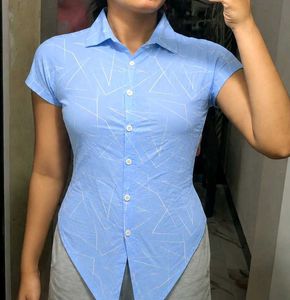 Sky Blue Geometric Print Tie-Up Stretch Shirt Top