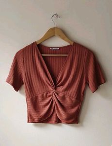Zara Twisted Front Crop Top Burnt Orange