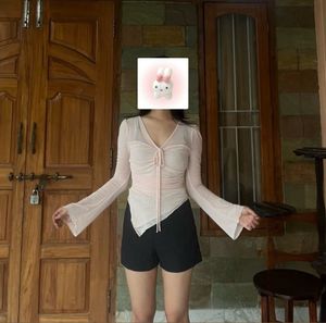 Sheer Bell Sleeve Tie-Front Top