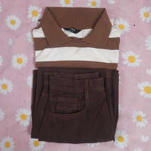 Women Striped Crop Polo T-shirt &amp; Brown J