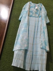 Blue Floral Embellished Dress with Shawl