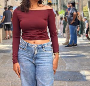 Maroon Off-Shoulder Long Sleeve Top