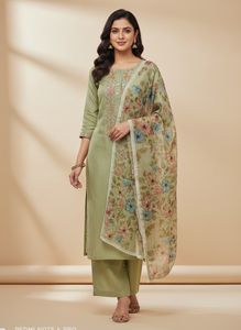 Green linen suit with floral dupatta