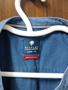 Men's Blue Band Collar Linen Shirt