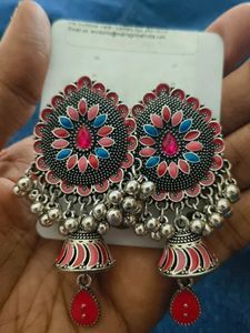 Oxidized Jhumka Earrings with Pink & Blue Stones
