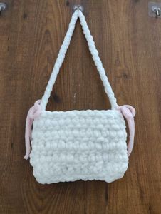 White Crochet Sling Bag with Pink Bows🌸🎀