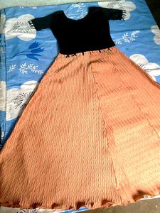 Elegant Black & Peach Textured Flared Long Dress