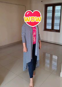 Striped Open Front Long Cardigan