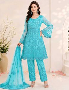 Teal Embellished Stones n Mirror work Suit Set
