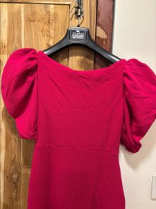 Vibrant Pink Puff Sleeve Wrap Dress