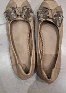 Girls Beige Rhinestone Bow Ballet Flats