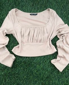 Ruched Square Neck Ribbed Long Sleeve Top