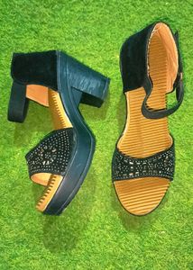 Women's Black Embellished Block Heels