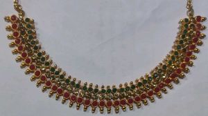 Elegant Gold Necklace with Red &amp; Green Stones