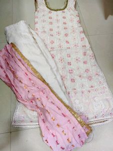 Elegant White Kurta Set with Pink Dupatta
