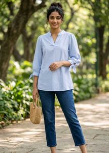 Chic Blue Cotton Top with Bow Sleeves